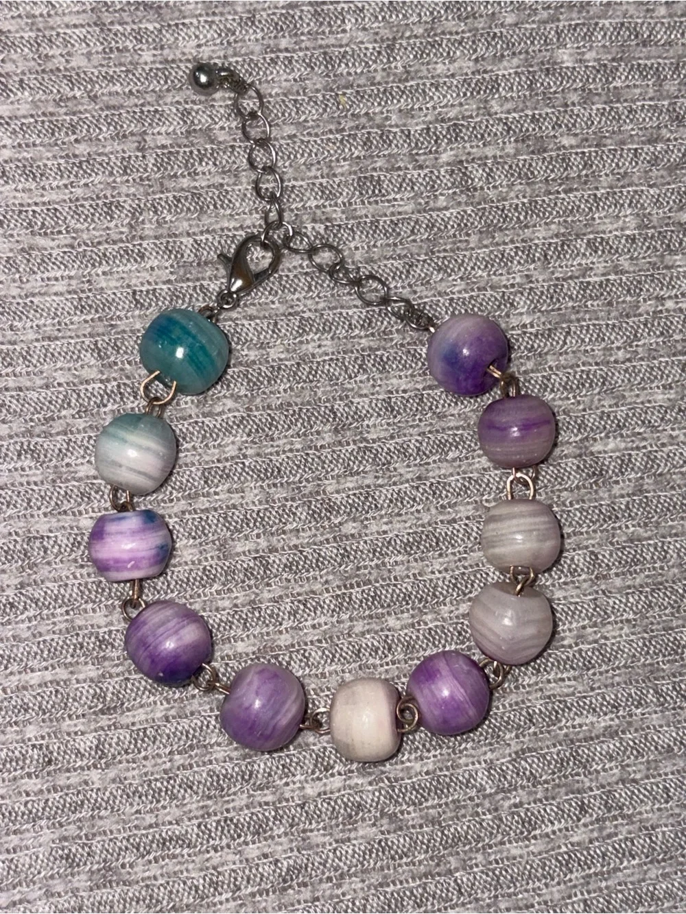 Bohemian theme purple, white & blue swirly beaded adjustable chain bracelet